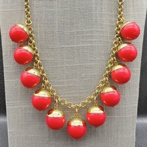 NWT J. Crew Statement Necklace Gold Tone Red Bead Ball Chain Jewelry